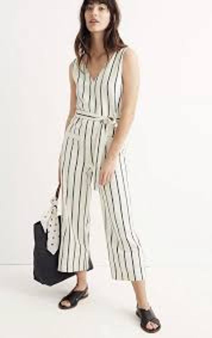 Madewell Women's Striped Linen Blend Jumpsuit Size XL Ivory Wide Leg Vacation
